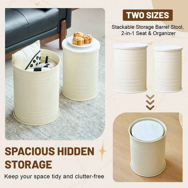 Alt view image 7 of 7 - 2 Piece Metal Storage Stool Set 36 cm and 31 cm Round Side Tables with Wooden Top, Barrel Design Textured Metal Finish