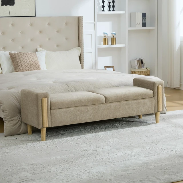 Main image of 65.67 Inch Wide Upholstered Storage Bench with Double Lids, Chenille Fabric Foot Stool with Armrest Bench Daybed