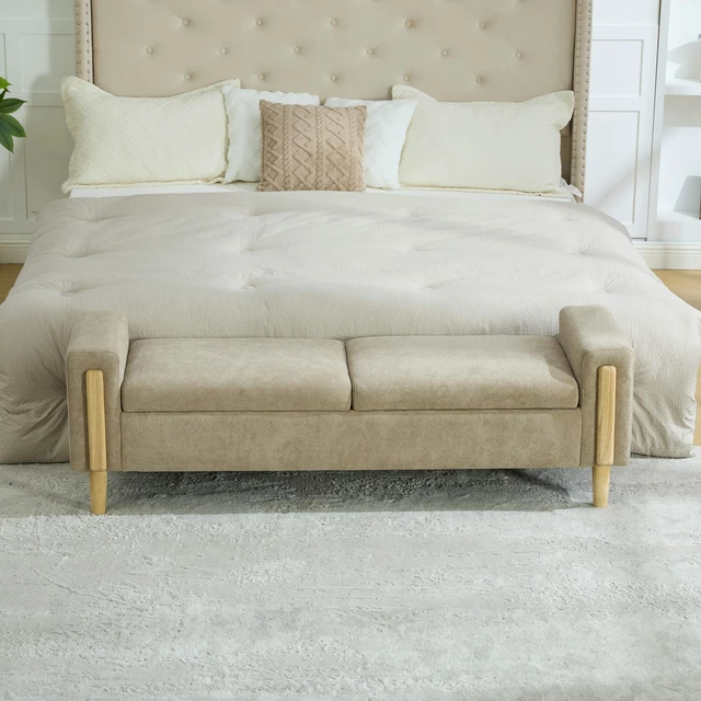 Alt view image 2 of 7 - 65.67 Inch Wide Upholstered Storage Bench with Double Lids, Chenille Fabric Foot Stool with Armrest Bench Daybed