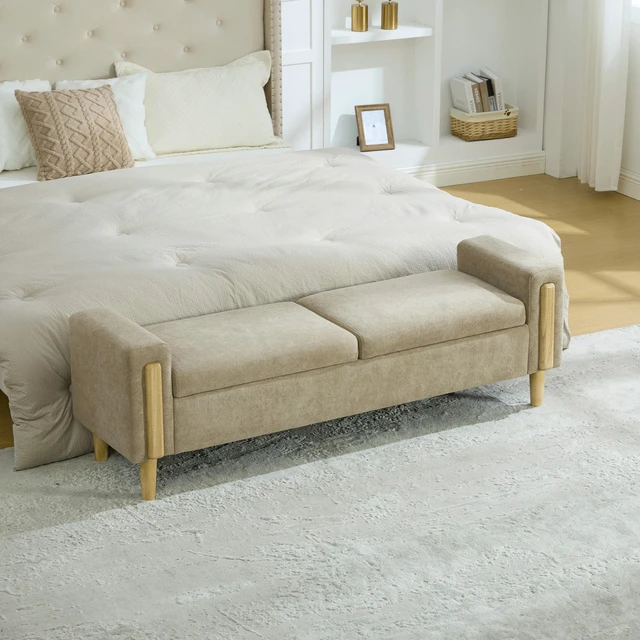Alt view image 3 of 7 - 65.67 Inch Wide Upholstered Storage Bench with Double Lids, Chenille Fabric Foot Stool with Armrest Bench Daybed