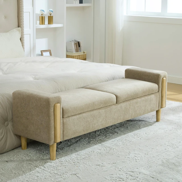 Alt view image 4 of 7 - 65.67 Inch Wide Upholstered Storage Bench with Double Lids, Chenille Fabric Foot Stool with Armrest Bench Daybed