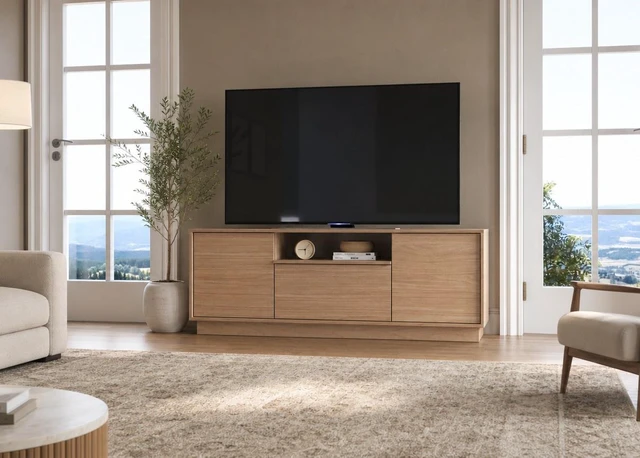 Main image of TV Stand for Tvs 65 Inches, Entertainment Center Two Doors One Drawer and One Open Shelf Thar, Walnut, Melamine, TV