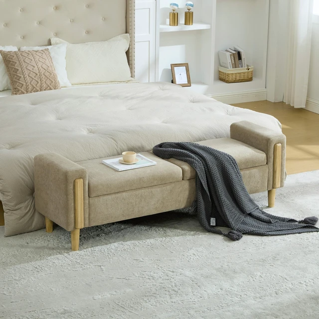 Alt view image 6 of 7 - 65.67 Inch Wide Upholstered Storage Bench with Double Lids, Chenille Fabric Foot Stool with Armrest Bench Daybed