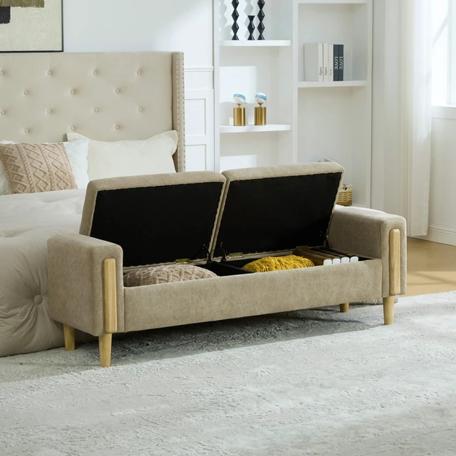 Alt view image 7 of 7 - 65.67 Inch Wide Upholstered Storage Bench with Double Lids, Chenille Fabric Foot Stool with Armrest Bench Daybed