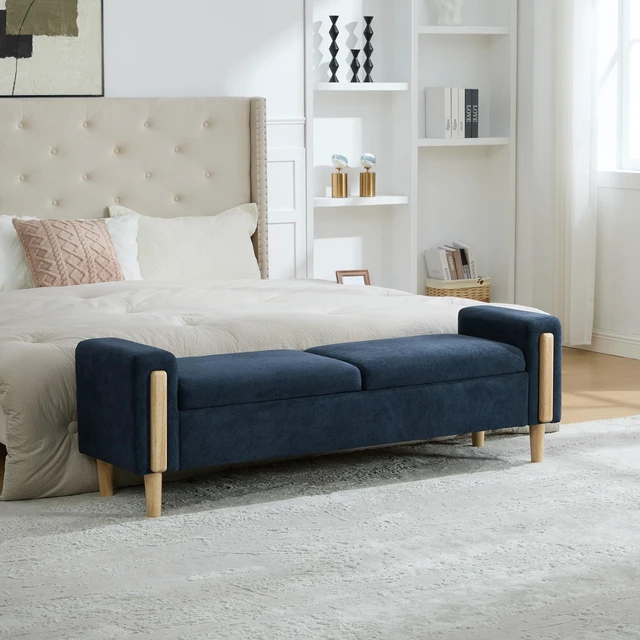 Main image of 65.67 Inch Wide Upholstered Storage Bench with Double Lids, Chenille Fabric Foot Stool with Armrest Bench Daybed