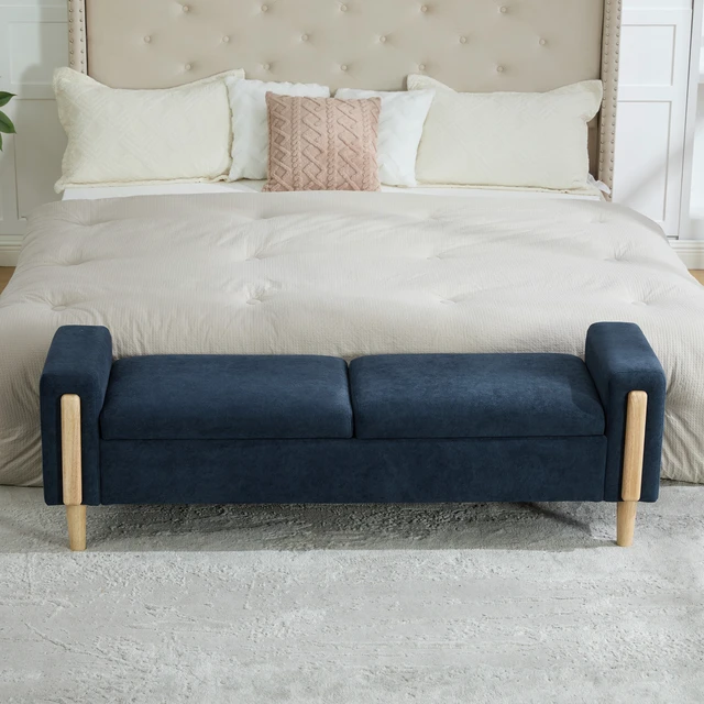 Alt view image 2 of 7 - 65.67 Inch Wide Upholstered Storage Bench with Double Lids, Chenille Fabric Foot Stool with Armrest Bench Daybed