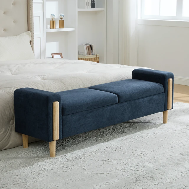 Alt view image 3 of 7 - 65.67 Inch Wide Upholstered Storage Bench with Double Lids, Chenille Fabric Foot Stool with Armrest Bench Daybed