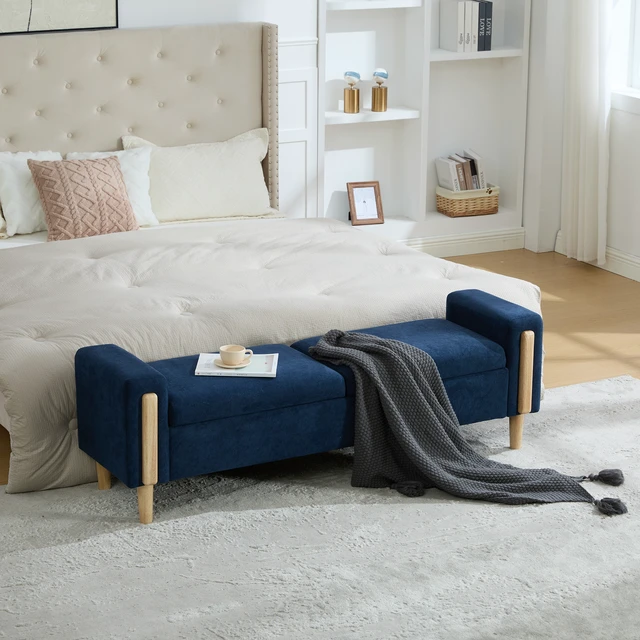Alt view image 6 of 7 - 65.67 Inch Wide Upholstered Storage Bench with Double Lids, Chenille Fabric Foot Stool with Armrest Bench Daybed