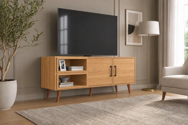 Main image of TV Stand for Tvs 60 Inches, Entertainment Center Two Doors and Two Open Shelves Hannover, Oak, Melamine, TV