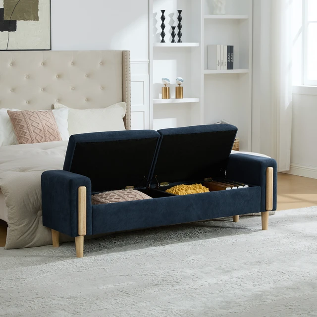 Alt view image 7 of 7 - 65.67 Inch Wide Upholstered Storage Bench with Double Lids, Chenille Fabric Foot Stool with Armrest Bench Daybed