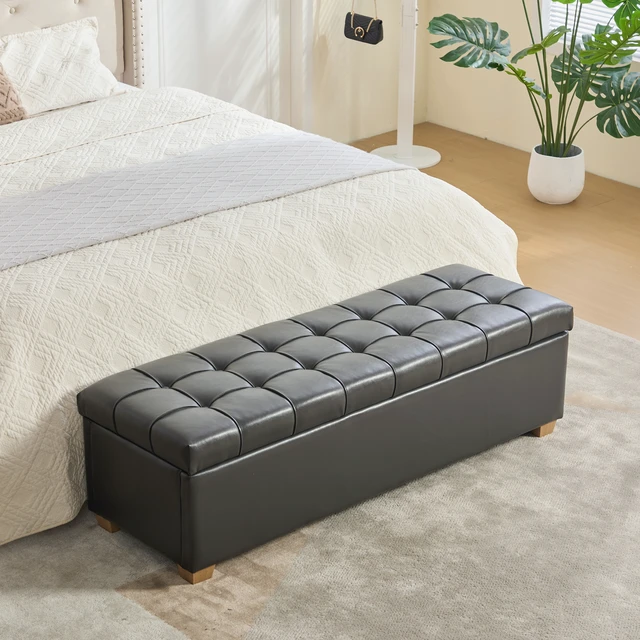 Alt view image 2 of 7 - 60.2 Inch Wide Chenille Upholstered Storage End Bed Bench, Tufted Flip Top Accent Window Bench Footrest Stool Ottoman
