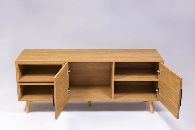 Alt view image 2 of 5 - TV Stand for Tvs 60 Inches, Entertainment Center Two Doors and Two Open Shelves Hannover, Oak, Melamine, TV