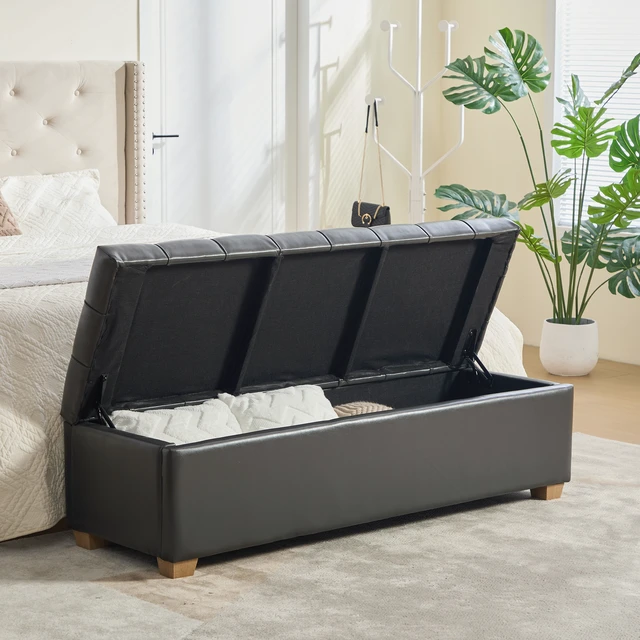 Alt view image 5 of 7 - 60.2 Inch Wide Chenille Upholstered Storage End Bed Bench, Tufted Flip Top Accent Window Bench Footrest Stool Ottoman