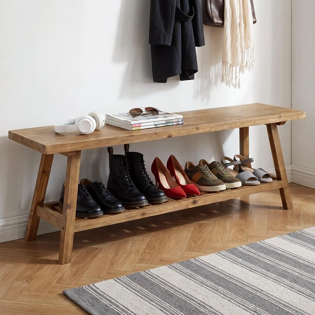 Main image of 55 Inch Bench, 2 Tier Entryway Bench Narrow Storage with Open Storage Shelf for Entryway Living Kitchen Dining, Wood