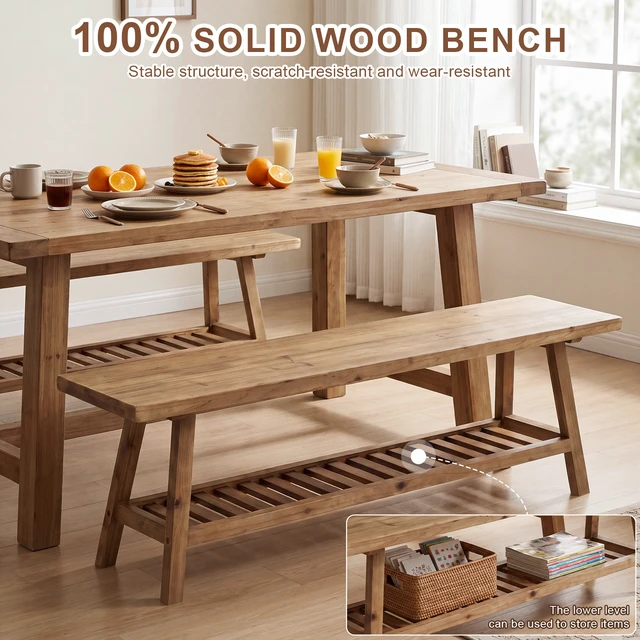 Alt view image 2 of 7 - 55 Inch Bench, 2 Tier Entryway Bench Narrow Storage with Open Storage Shelf for Entryway Living Kitchen Dining, Wood