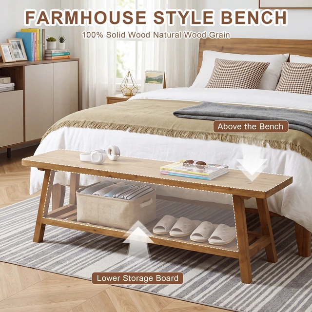 Alt view image 3 of 7 - 55 Inch Bench, 2 Tier Entryway Bench Narrow Storage with Open Storage Shelf for Entryway Living Kitchen Dining, Wood