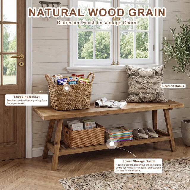 Alt view image 6 of 7 - 55 Inch Bench, 2 Tier Entryway Bench Narrow Storage with Open Storage Shelf for Entryway Living Kitchen Dining, Wood