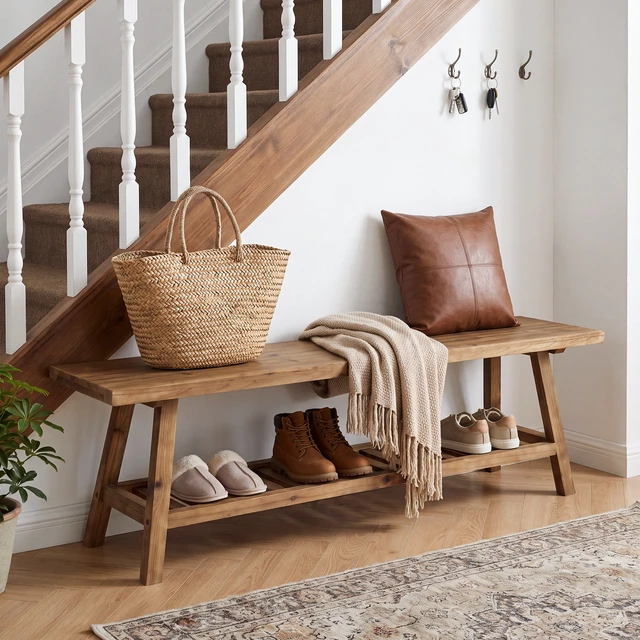 Alt view image 7 of 7 - 55 Inch Bench, 2 Tier Entryway Bench Narrow Storage with Open Storage Shelf for Entryway Living Kitchen Dining, Wood