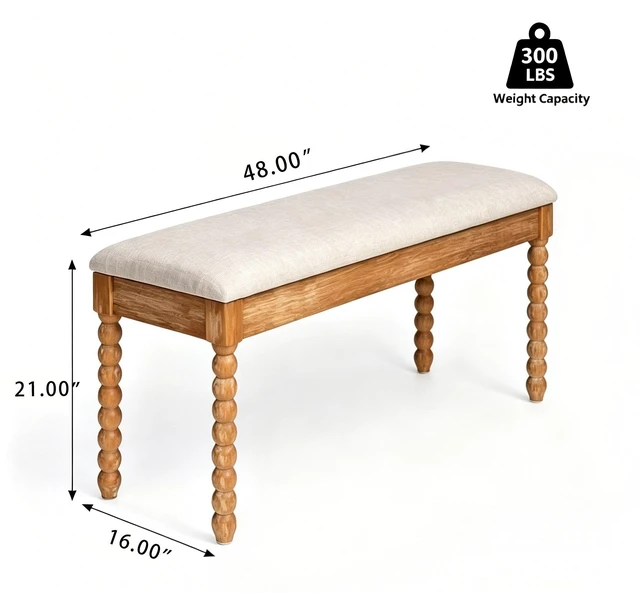 Alt view image 3 of 7 - Wooden Storage Bench with Soft Cushion Turned Spindle Legs, Natural Finish Linen Upholstered Seat Mid-Century