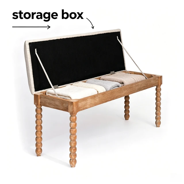Alt view image 2 of 7 - Wooden Storage Bench with Soft Cushion Turned Spindle Legs, Natural Finish Linen Upholstered Seat Mid-Century