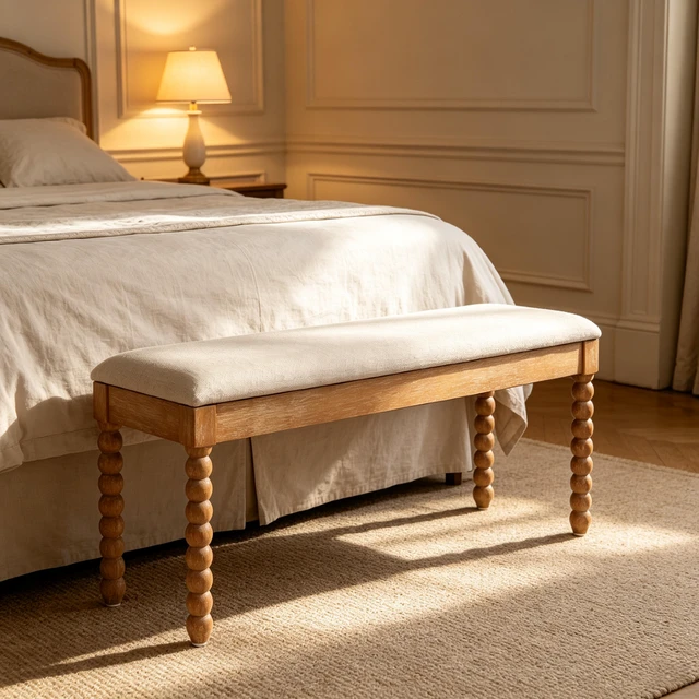 Main image of Wooden Storage Bench with Soft Cushion Turned Spindle Legs, Natural Finish Linen Upholstered Seat Mid-Century