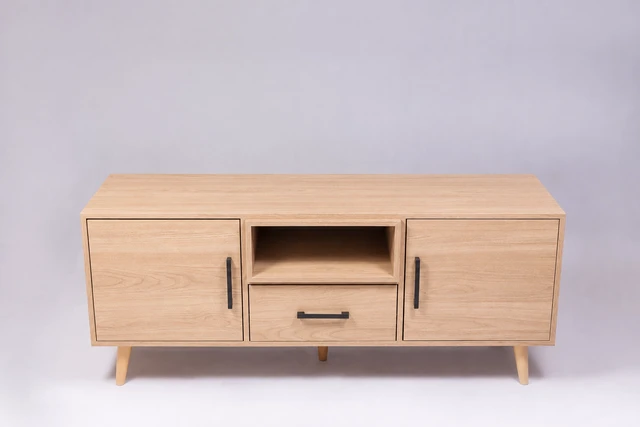 Alt view image 5 of 5 - TV Stand for Tvs 60 Inches, Entertainment Center Two Doors One Drawer and One Open Shelf Thar, Walnut, Melamine, TV