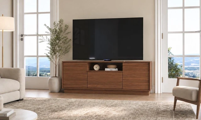Main image of TV Stand for Tvs 65 Inches, Entertainment Center Two Doors One Drawer and One Open Shelf Caiena, Walnut, Melamine, TV
