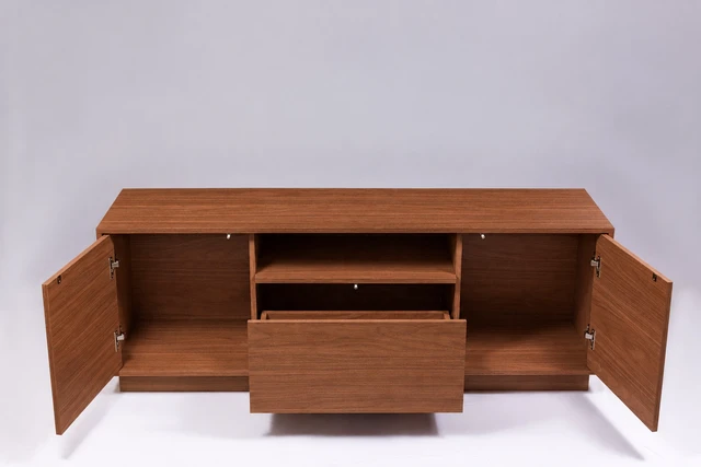 Alt view image 3 of 5 - TV Stand for Tvs 65 Inches, Entertainment Center Two Doors One Drawer and One Open Shelf Caiena, Walnut, Melamine, TV