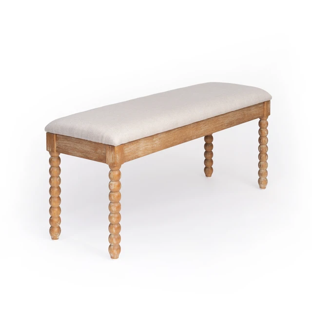 Alt view image 4 of 7 - Wooden Storage Bench with Soft Cushion Turned Spindle Legs, Natural Finish Linen Upholstered Seat Mid-Century