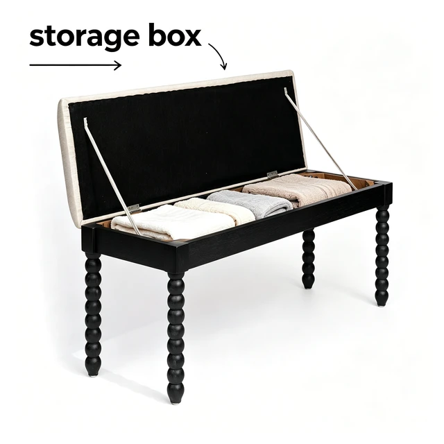Alt view image 2 of 7 - Wooden Storage Bench with Soft Cushion Turned Spindle Legs, Black Finish Linen Upholstered Seat Mid-Century