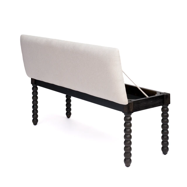 Alt view image 5 of 7 - Wooden Storage Bench with Soft Cushion Turned Spindle Legs, Black Finish Linen Upholstered Seat Mid-Century