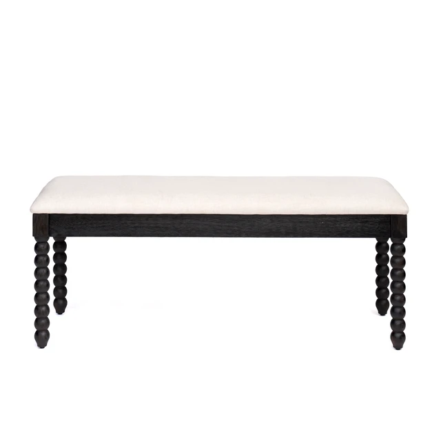 Alt view image 4 of 7 - Wooden Storage Bench with Soft Cushion Turned Spindle Legs, Black Finish Linen Upholstered Seat Mid-Century