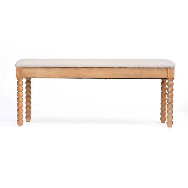 Alt view image 5 of 7 - Wooden Storage Bench with Soft Cushion Turned Spindle Legs, Natural Finish Linen Upholstered Seat Mid-Century
