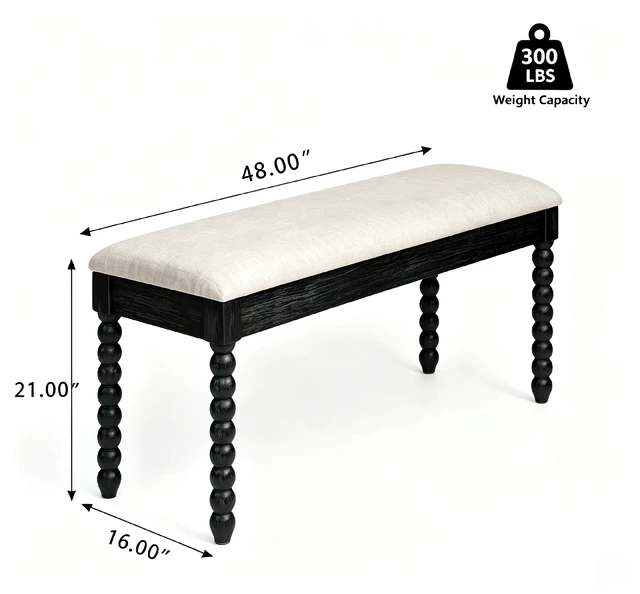 Alt view image 3 of 7 - Wooden Storage Bench with Soft Cushion Turned Spindle Legs, Black Finish Linen Upholstered Seat Mid-Century