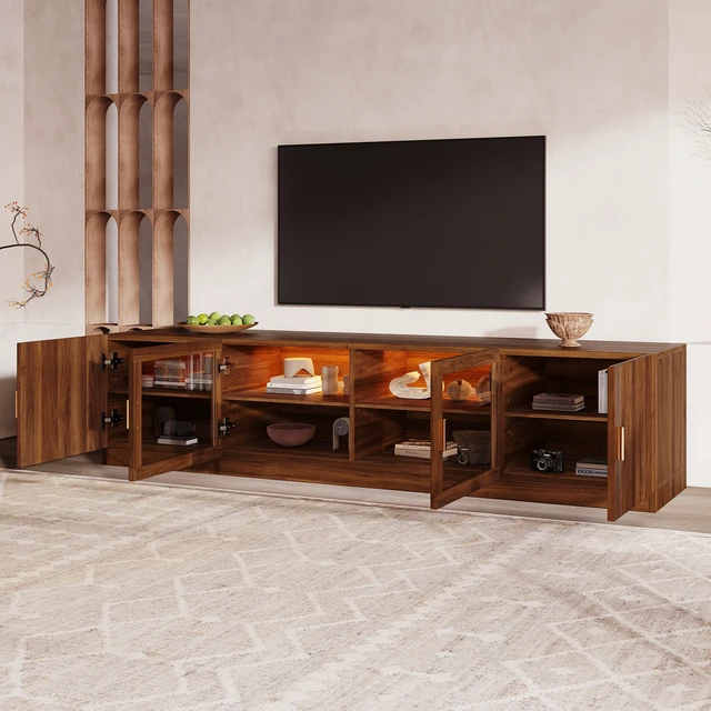Alt view image 4 of 7 - 74 Inch TV Stand for Tvs, TV Console for Living Media Console with Glass Doors and LED Lights Adjustable Shelf Stand
