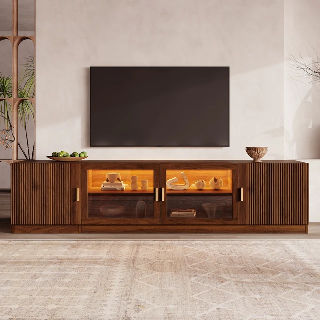 Alt view image 3 of 7 - 74 Inch TV Stand for Tvs, TV Console for Living Media Console with Glass Doors and LED Lights Adjustable Shelf Stand