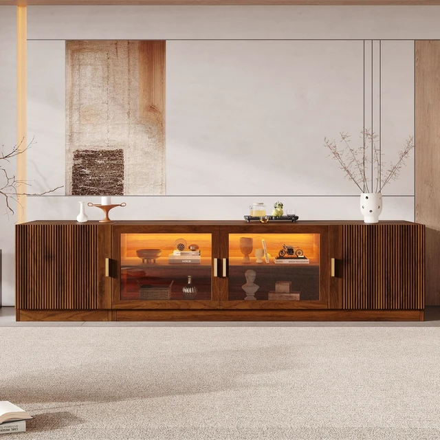 Main image of 74 Inch TV Stand for Tvs, TV Console for Living Media Console with Glass Doors and LED Lights Adjustable Shelf Stand