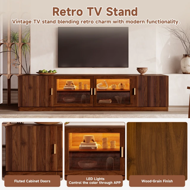 Alt view image 5 of 7 - 74 Inch TV Stand for Tvs, TV Console for Living Media Console with Glass Doors and LED Lights Adjustable Shelf Stand