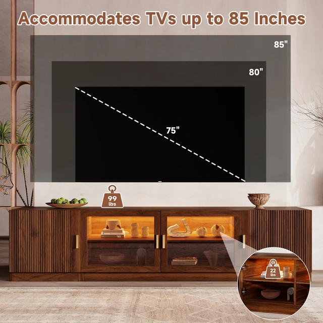 Alt view image 6 of 7 - 74 Inch TV Stand for Tvs, TV Console for Living Media Console with Glass Doors and LED Lights Adjustable Shelf Stand