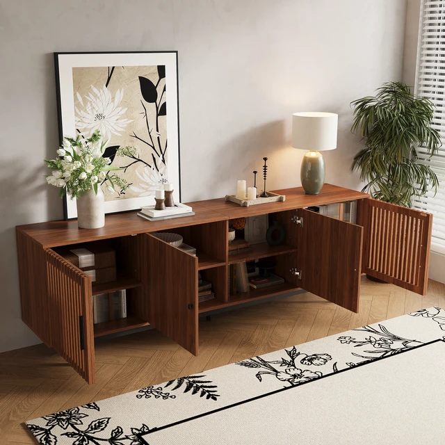 Alt view image 2 of 7 - 78 Inch TV Stand for Tvs, TV Console for Living Media Console with Soft Closing Hinges Adjustable Shelves Stand