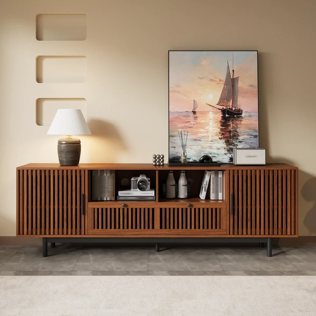 Main image of 78 Inch TV Stand for Tvs, Entertainment Center with Cable Management Soft Closing Hinges for Living Slatted Doors