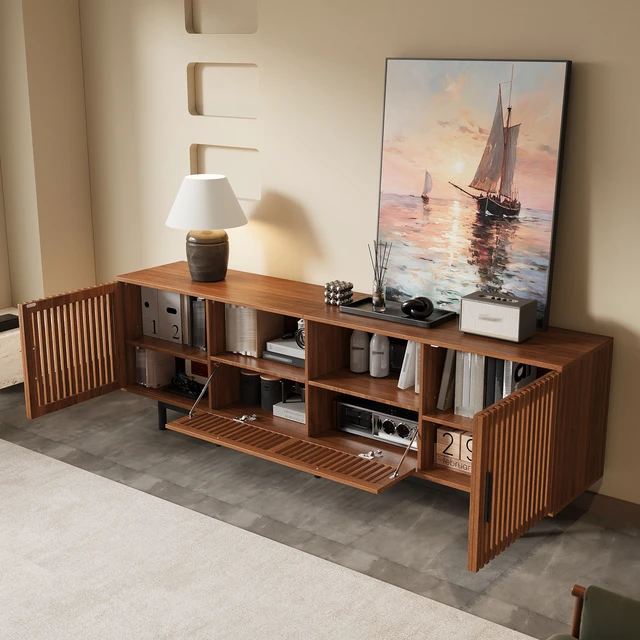 Alt view image 2 of 7 - 78 Inch TV Stand for Tvs, Entertainment Center with Cable Management Soft Closing Hinges for Living Slatted Doors