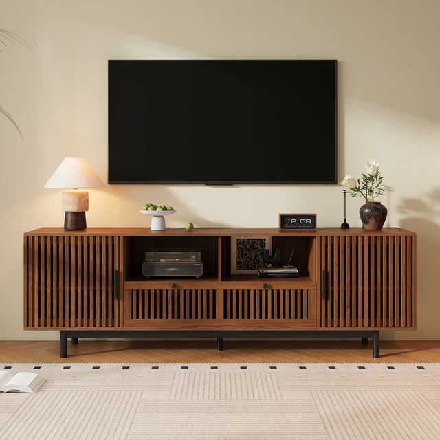 Alt view image 3 of 7 - 78 Inch TV Stand for Tvs, Entertainment Center with Cable Management Soft Closing Hinges for Living Slatted Doors