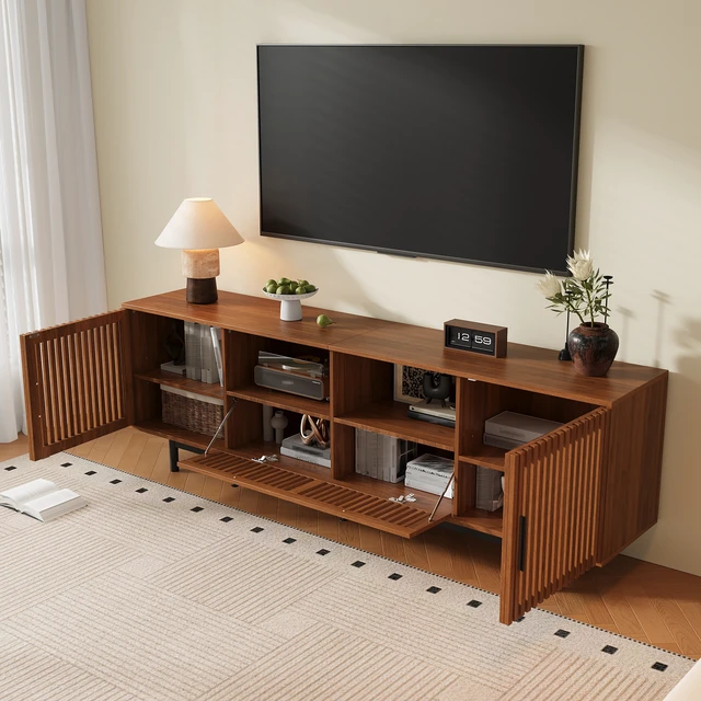 Alt view image 4 of 7 - 78 Inch TV Stand for Tvs, Entertainment Center with Cable Management Soft Closing Hinges for Living Slatted Doors