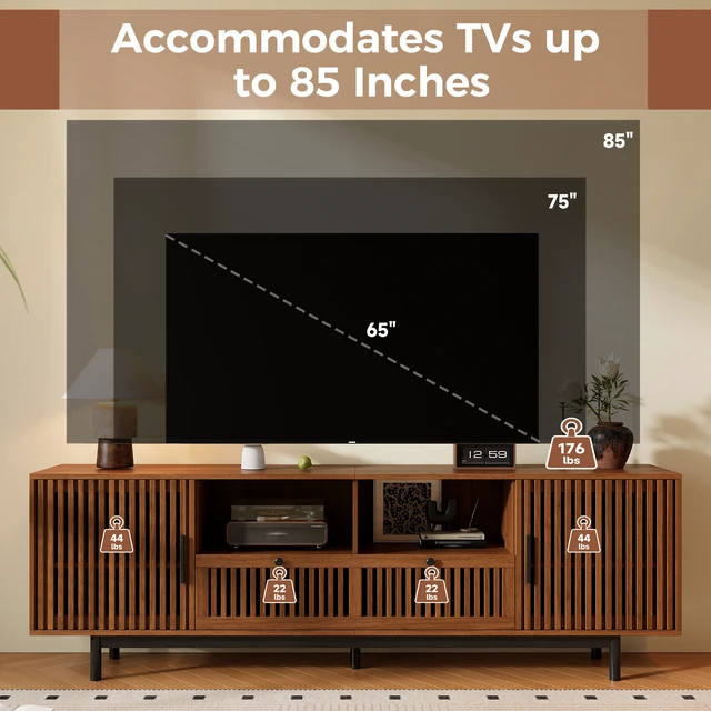 Alt view image 7 of 7 - 78 Inch TV Stand for Tvs, Entertainment Center with Cable Management Soft Closing Hinges for Living Slatted Doors