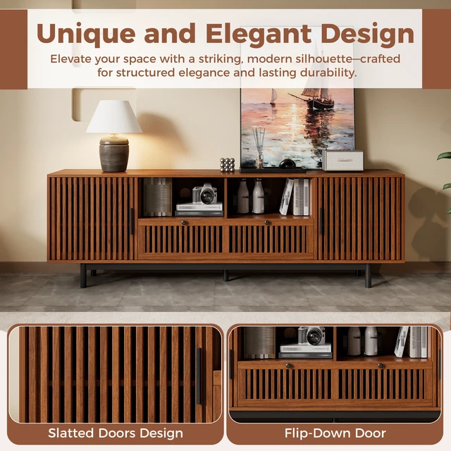 Alt view image 5 of 7 - 78 Inch TV Stand for Tvs, Entertainment Center with Cable Management Soft Closing Hinges for Living Slatted Doors