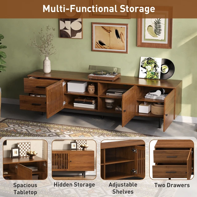 Alt view image 5 of 7 - 78 Inch TV Stand for Tvs, TV Console for Living Media Console with Two Drawers Soft Closing Hinges and Adjustable