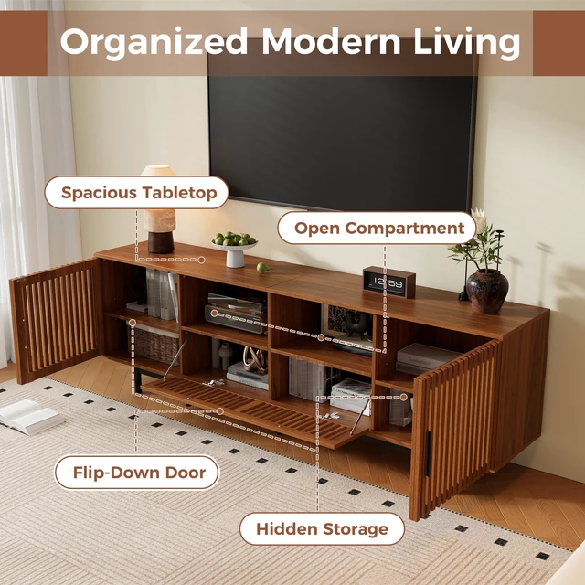 Alt view image 6 of 7 - 78 Inch TV Stand for Tvs, Entertainment Center with Cable Management Soft Closing Hinges for Living Slatted Doors