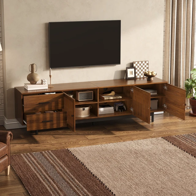 Alt view image 4 of 7 - 78 Inch TV Stand for Tvs, TV Console for Living Media Console with Two Drawers Soft Closing Hinges and Adjustable
