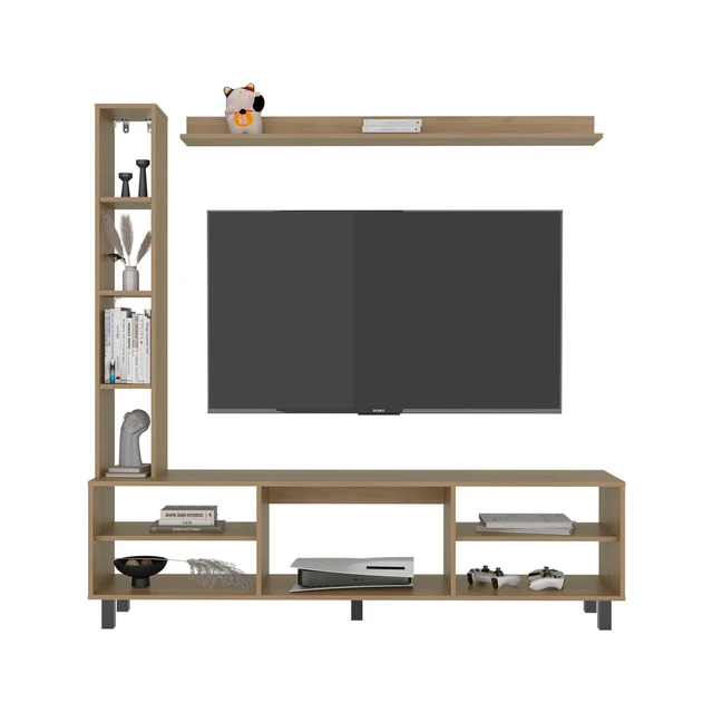 Alt view image 3 of 6 - 9 Shelf TV Stand, Oak, Particle Board, TV Entertainment Furniture